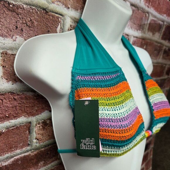 Wild Fable Green Crochet Bikini Top Small Striped Knit Swimwear NEW Tag Error - Picture 3 of 7